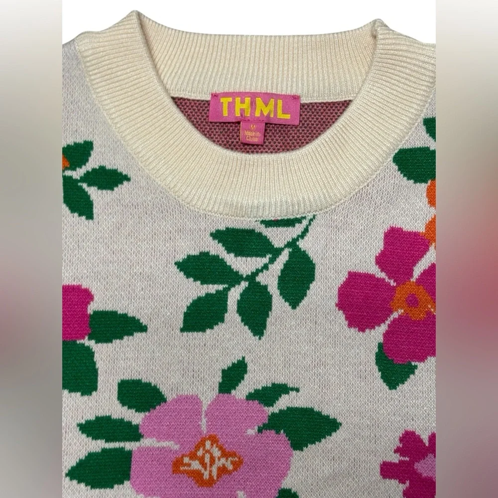 THML Cream Floral Knit Top with Pink and Orange Blooms - Picture 4 of 8
